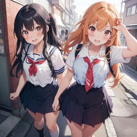 (anime girls in school uniforms posing for a picture, railgun-inspired scene, ecchi anime style, kantai collection-esque, kyoani-inspired, dynamic and playful poses, Side-angled shots, intricate school uniforms, denim skirts, white blouses, red scarves, a ...