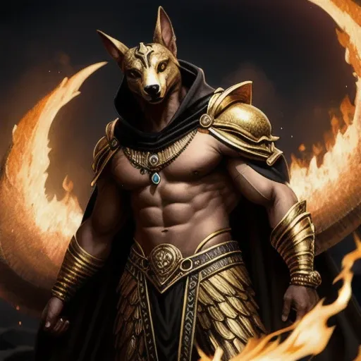 (high quality), photorealistic, (oil painting)
jewelry, (solo),
(dynamic pose), towards right, ((hell gate)), fire, hell landscape, (the underworld), (dark landscape),
anubis, egyptian jackal headed god, anthro, muscular, (holding golden scales), dynamic p...