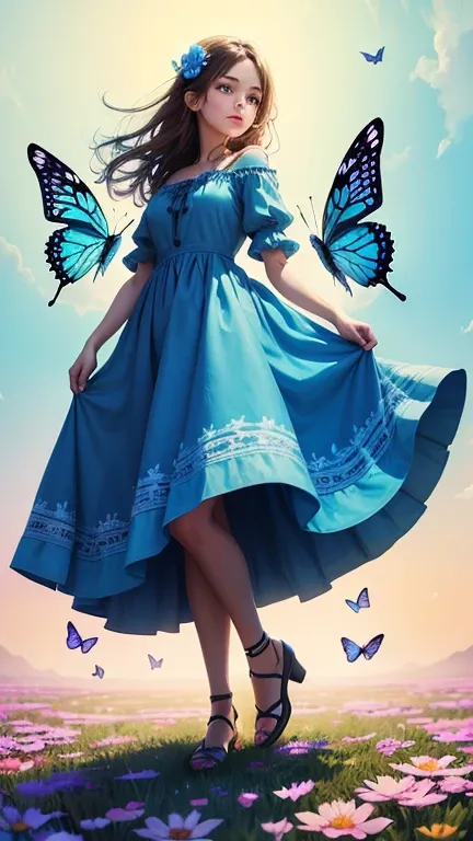 Create the image of a girl, blue dress, artistic style, watercolor, butterflies, blooming flowers, bright colors, atmospheric, touching, full body, organic composition