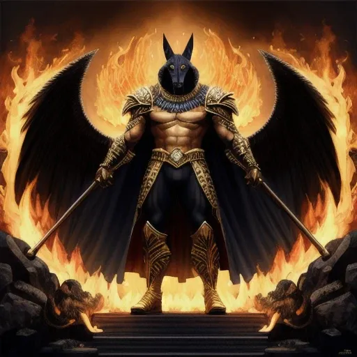 (high quality), photorealistic, (oil painting) jewelry, (solo), (dynamic pose), towards right, ((hell gate)), fire, hell landscape, (the underworld), (dark landscape), anubis, egyptian jackal headed god, anthro, muscular, (holding golden scales), dynamic p...