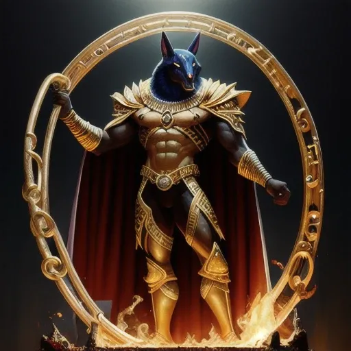 (high quality), photorealistic, (oil painting) jewelry, (solo), (dynamic pose), towards right, ((hell gate)), fire, hell landscape, (the underworld), (dark landscape), anubis, egyptian jackal headed god, anthro, muscular, (holding golden scales), dynamic p...