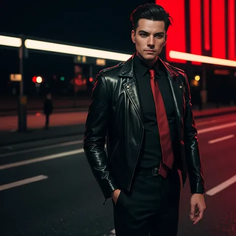 The man looked straight at me.,On the road at night, Outfit: sleek black leather jacket and red tie., Shot with a high quality camera with 45000000000 pixels..