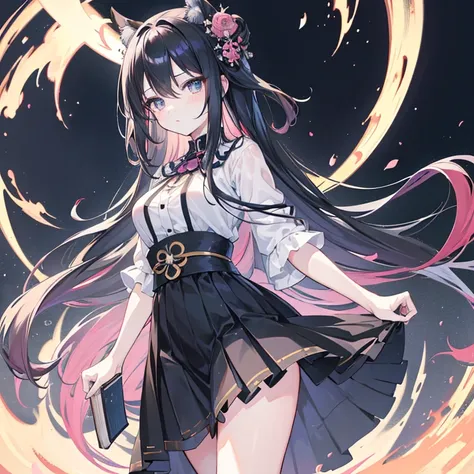 Anime girl with long hair cascading down her back and donning a black skirt, intently holds a book close to her chest. This enchanting scene is a masterpiece by the acclaimed anime artist, Jin Homura, who has won numerous contests on Pixiv, a renowned plat...