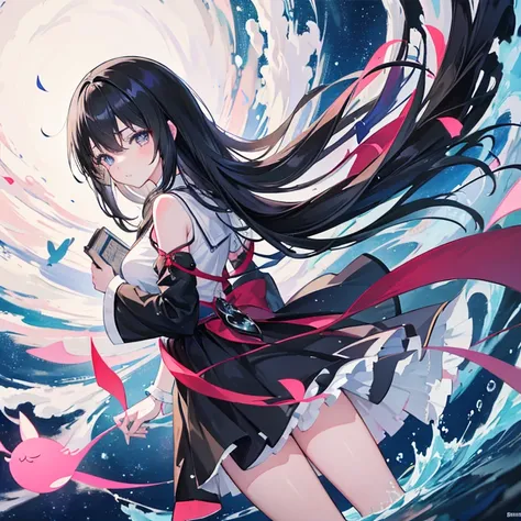 Anime girl with long hair cascading down her back and donning a black skirt, intently holds a book close to her chest. This enchanting scene is a masterpiece by the acclaimed anime artist, Jin Homura, who has won numerous contests on Pixiv, a renowned plat...