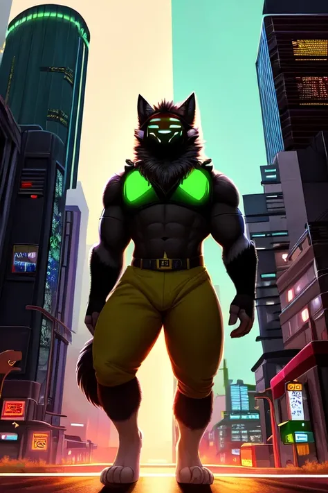 ((best quality)), ((masterpiece)), (detailed), perfect face, best quality, dynamic lighting, perfect shading, soft shading, soft colors, pastel colors, vivid colors, Protogen, muscular, big pecs, broad shoulders, imposing, Yellow-Green fur, detailed fur, t...