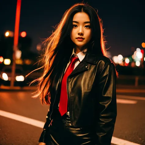 Young woman, 25 years old, with long, flowing hair flowing up, Looking straight ahead,On the road at night, Outfit: sleek black leather jacket and red tie., Shot with a high quality camera with 45000000000 pixels..