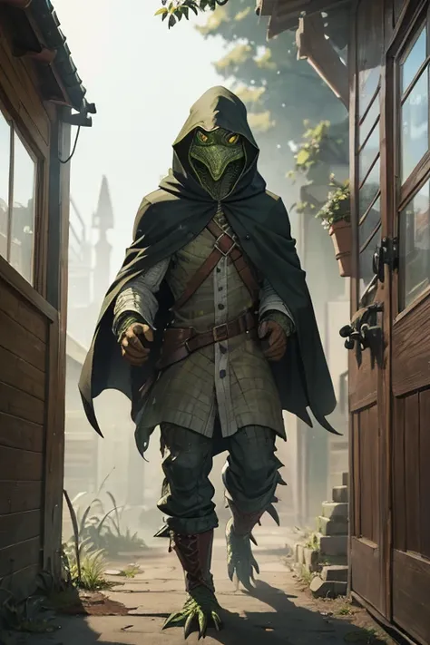 menacing lizardman sneaking around dressed in tattered hooded cloak