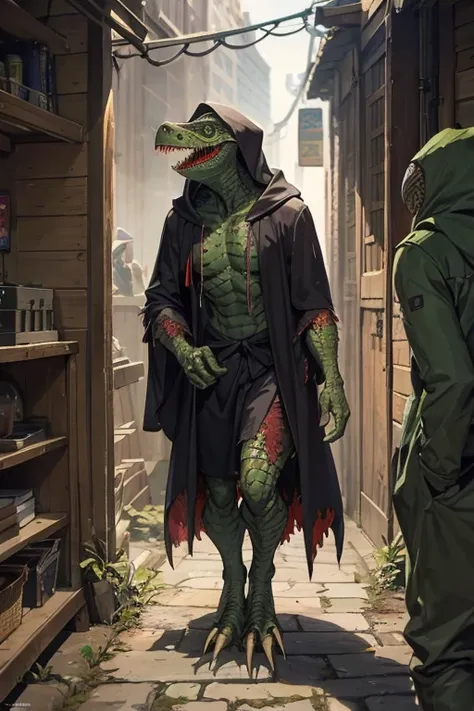 menacing lizardman sneaking around dressed in tattered hooded cloak, humanoid monster
