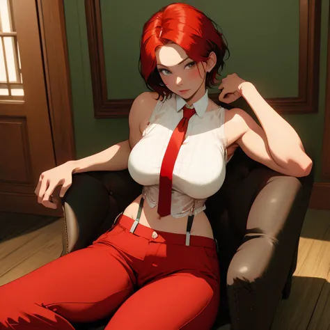 (masterpiece),best quality, vanessams, mature, red short hair, large breasts, bare shoulders, white shirt, red necktie, dark gre...