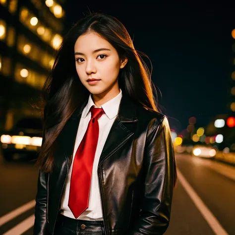 Young woman, 25 years old, with long, flowing hair flowing up, Looking straight ahead,On the road at night, Outfit: sleek black leather jacket and red tie., Shot with a high quality camera with 45000000000 pixels..