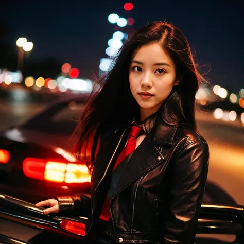 Young woman, 25 years old, with long, flowing hair flowing up, Looking straight ahead,On the road at night, Outfit: sleek black leather jacket and red tie., Shot with a high quality camera with 45000000000 pixels..