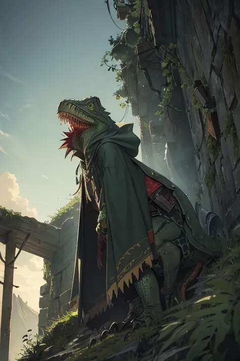 menacing lizardman sneaking around dressed in tattered hooded cloak, iguana head
