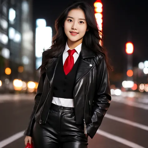 Young woman, 25 years old, with long, flowing hair flowing up, Looking straight ahead,On the road at night, Outfit: sleek black leather jacket and red tie., Shot with a high quality camera with 45000000000 pixels..