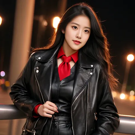 Young woman, 25 years old, with long, flowing hair flowing up, Looking straight ahead,On the road at night, Outfit: sleek black leather jacket and red tie., Shot with a high quality camera with 45000000000 pixels..