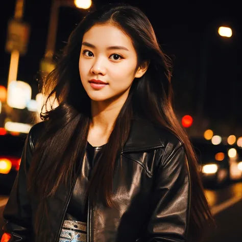 Young woman, 25 years old, with long, flowing hair flowing up, Looking straight ahead,On the road at night, Fashionable glossy black leather jacket outfit.., Shot with a high quality camera with 45000000000 pixels.,