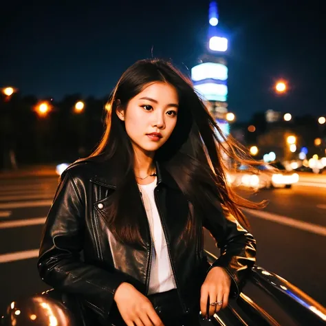 Young woman, 25 years old, with long, flowing hair flowing up, Looking straight ahead,On the road at night, Fashionable glossy black leather jacket outfit.., Shot with a high quality camera with 45000000000 pixels.,