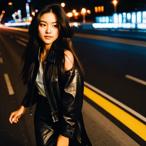 Young woman, 25 years old, with long, flowing hair flowing up, Looking straight ahead,On the road at night, Fashionable glossy black leather jacket outfit.., Shot with a high quality camera with 45000000000 pixels.,