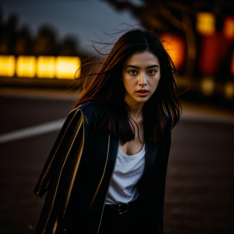 Best picture quality, Masterpiece, Ultra high resolution 8K, photograph, 1 Asian girl gets a beauty treatment, her long hair blows up in the wind. A 25-year-old girl has her long hair blowing up., Looking straight ahead,On the road at night, Fashionable gl...