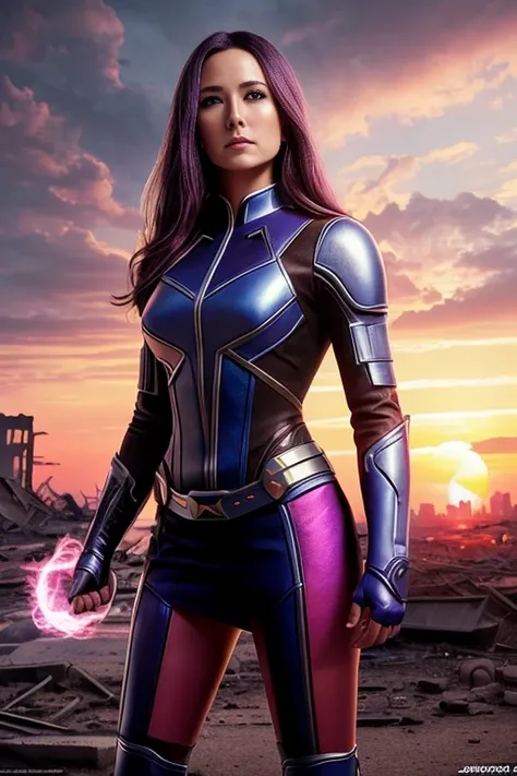 Kristen Bell、Torn Suit、Im wearing a skirt、masterpiece, 1 Girl, マーベルのサイロックとしてbeautiful女性, X-Men Psylocke Cosplay、purple suit、Fine and delicate features, Futuristic New York Background, Science fiction, blonde, Super Heroine, heroic, Perfect balance, photogr...