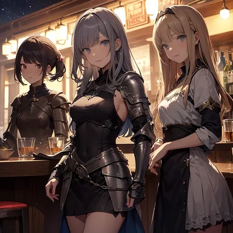 A group of  female medieval fantasy adventurers, (in bar), various hair styles, harem, night, details face, short skirt, seducing, sleeveless, armor 