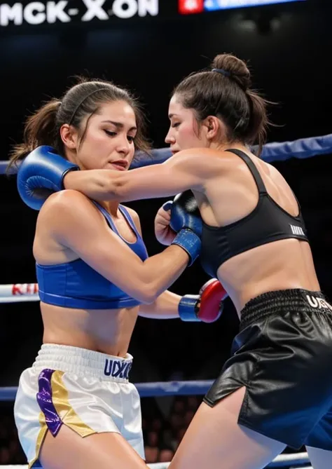 Una pelea femenina de kick oxing, en un ring, knock-out