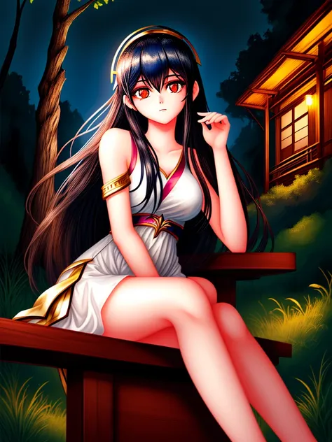 (masterpiece, highest quality), one girl(athena_assamese), cute dresses, long black hair, sitting, beautiful outdoor background,...