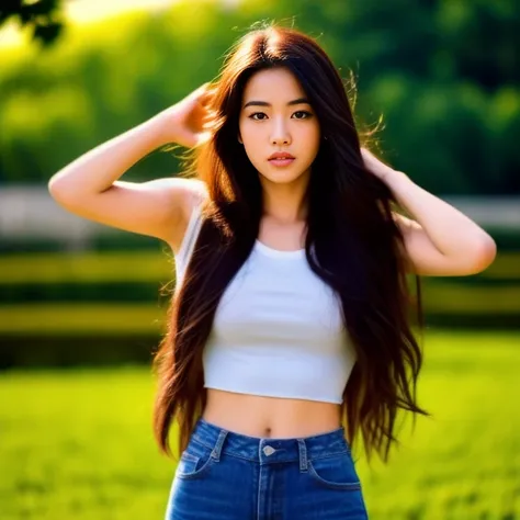 Best picture quality, Masterpiece, Ultra high resolution 8K, photograph, Asian girl with long hair blowing in the wind The sun shines on her beautiful, realistic face and her six-pack abs are outstanding., Looking straight at the action with a seductive ex...