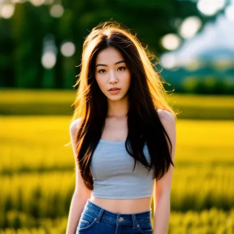 Best picture quality, Masterpiece, Ultra high resolution 8K, photograph, Asian girl with long hair blowing in the wind The sun shines on her beautiful, realistic face and her six-pack abs are outstanding., Looking straight at the action with a seductive ex...