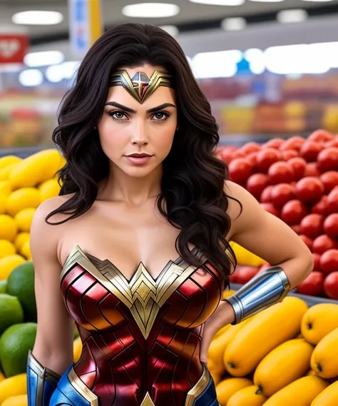 Mujer wonder woman, Medium-sized round breasts, Cara europea, Pelo rubio de cola de caballo, en un supermercado de verduras, estantes de comida vegetal