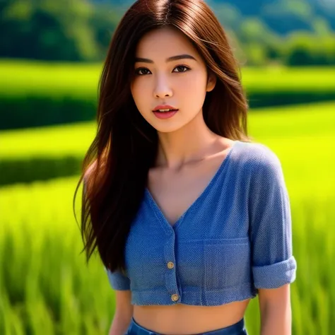 Best picture quality, Masterpiece, Ultra high resolution 8K, photograph, Asian girl with long hair blowing in the wind wears a plaid shirt., The sun shines on her beautiful, hyper-realistic face and her six-pack abs are outstanding., Looking straight at th...