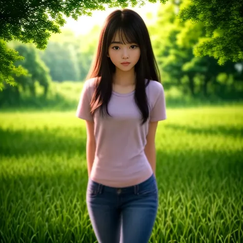 Best picture quality, Masterpiece, Ultra high resolution 8K, photograph, Asian girl with long hair blowing in the wind wears a plaid shirt., The sun shines on her beautiful, hyper-realistic face and her six-pack abs are outstanding., Looking straight at th...