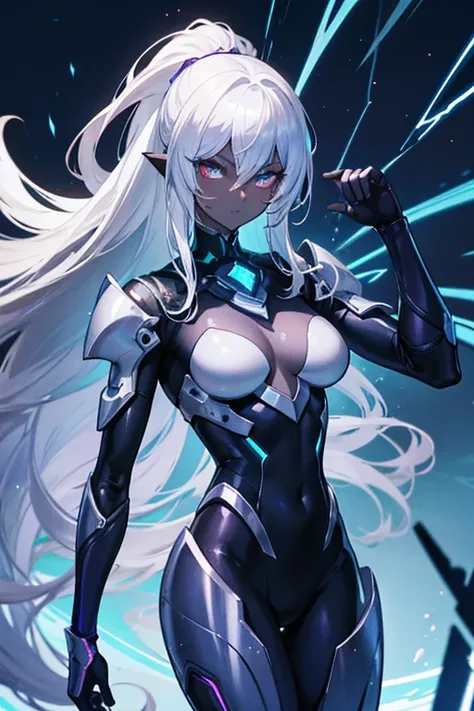 dark skin woman, badass pose, handsome drow, female lightning genasi, afrofuturism anime, cyborg - dark skin girl with long silver hair