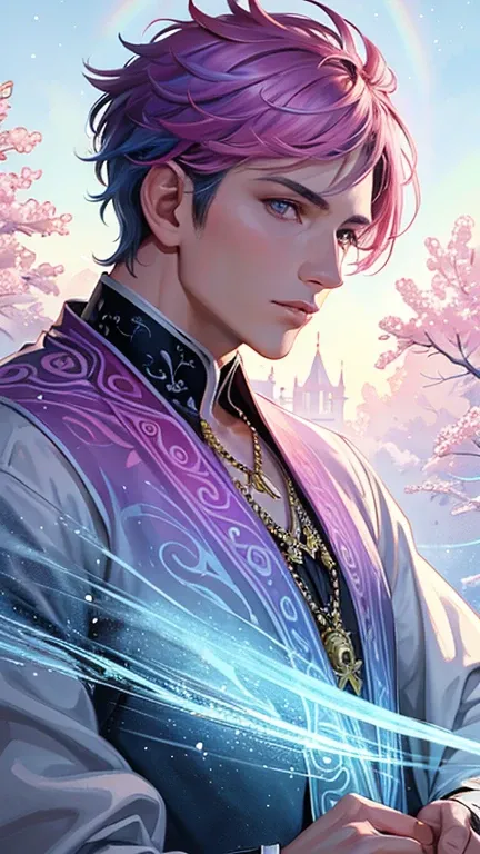 (masterpiece, highest quality, highest quality,watercolor (Moderate),Official Art, beautifully、aesthetic:1.2),(One man:1.3), (Fractal Art:1.3),Upper Body, from the front, View your viewers,pattern,(very short hair,Rainbow Hair,colorful hair,half blue、half ...