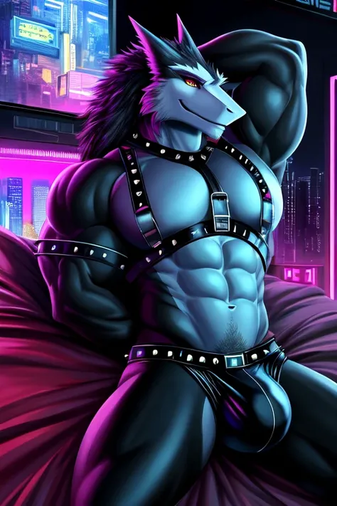 ((best quality)), ((masterpiece)), (detailed), perfect face, Digital Bill Board, Large LED screen, Bara Furry being displayed on screen, Sergal, Big Pecs, Broad Shoulders, well defined abs, six pack, wearing black leather sex harness, wearing studded sex h...