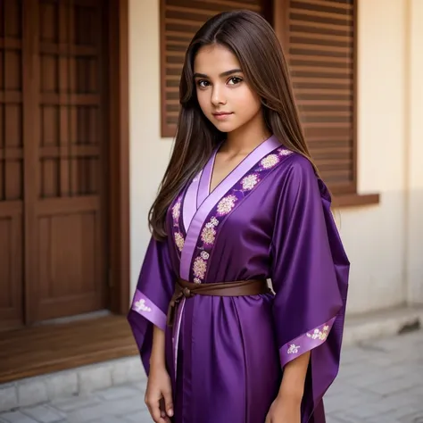 Girl, beautiful, teenager, brown hair, light brown eyes, Kimono purple, with the face of actress Bela Fernandes,Photograph Full body