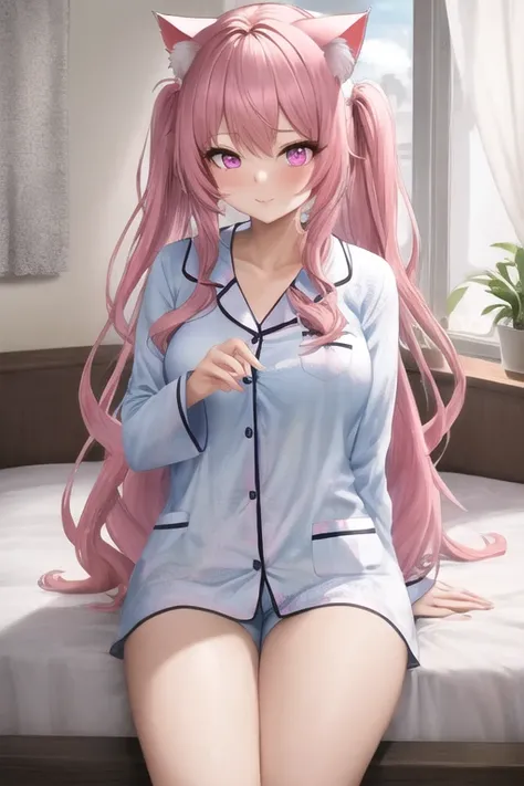 masterpiece, best quality, 1girl, (pink hair, long hair, cat ears, pink eyes:1.2), cute, bedroom, pajamas 