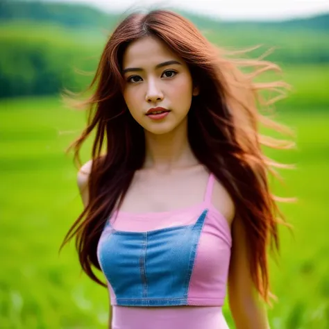 Best picture quality, Masterpiece, Ultra high resolution 8K, Asian girl wearing old ripped jeans and a tight pink tank top., Long hair blows up in the wind., Looking straight at the action with various seductive poses., countryside rice fields,nature sunli...