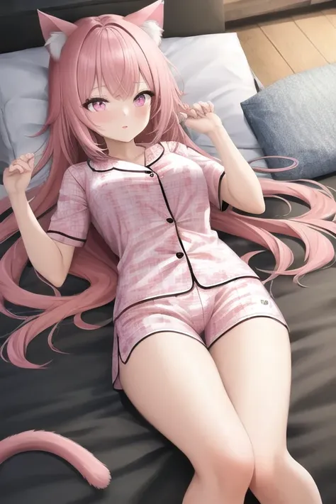 masterpiece, best quality, 1girl, (pink hair, long hair, cat ears, pink eyes:1.2), cute, bedroom, laying down on back, pajamas