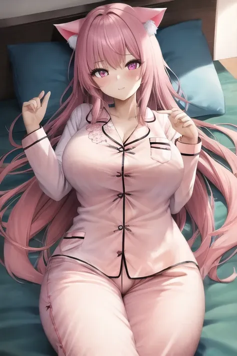 masterpiece, best quality, 1girl, (pink hair, long hair, cat ears, pink eyes:1.2), cute, (bedroom, laying down on back:1.1), (buttoned pajamas:1.2), (curvy:1.1)