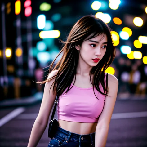 Young Asian woman, 25 years old,Wear a short jean jacket, pink tank top, Long hair blows up in the wind., Looking straight ahead, Action with various seductive poses, Have a strong, perfect stomach., On the city streets at night, 8K photos, Shot with a bri...