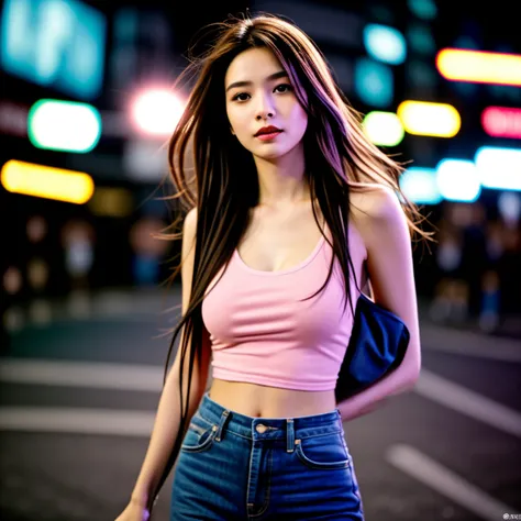 Young Asian woman, 25 years old,Wear a short jean jacket, pink tank top, Long hair blows up in the wind., Looking straight ahead, Action with various seductive poses, Have a strong, perfect stomach., On the city streets at night, 8K photos, Shot with a bri...