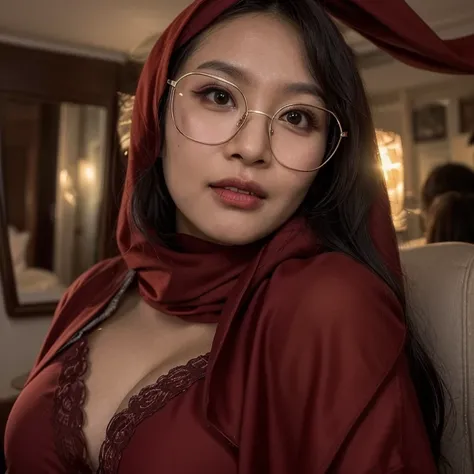 a close up of a woman wearing glasses and a red scarf, malaysian, with beautiful exotic, sie boob, gorgeous lady, 3 0 years old woman, 30 years old woman, lovely woman, 2 8 years old, 2 7 years old, cute woman, busty, 2 2 years old, 2 9 years old, hijab, b...