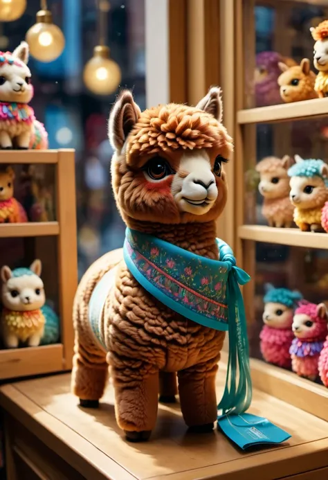 (best quality,4k,8k,highres,masterpiece:1.2),ultra-detailed, An Alpaca doll inside a box, product for sale, magical printed, in the window of a toy store,