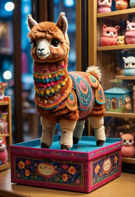 (best quality,4k,8k,highres,masterpiece:1.2),ultra-detailed, An Alpaca doll inside a box, product for sale, magical printed, in the window of a toy store,