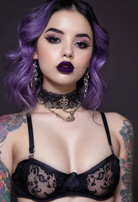 little lolita, young girl facial features, tattooed face,high cheek bones, pure white skin, thin curved black eyebrows, long luscious eyelashes, Black eyeliner,dark purple eyelids, dark black eye shadow, thick black lipstick,puckered curved lips, Cleft chi...