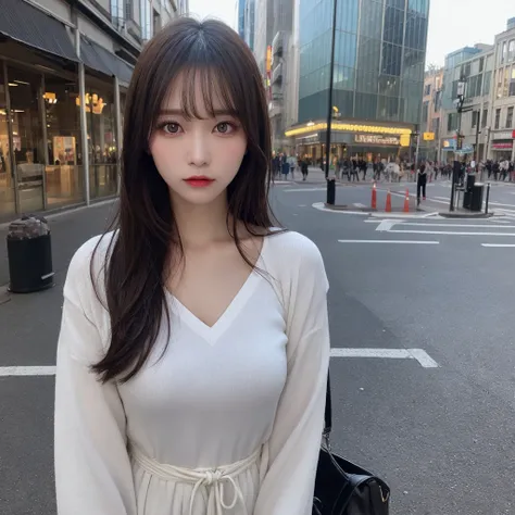 woman, (Realistic), (Hyperrealism), (photoRealistic), Depth of written boundary, eye make up:0.5, (Upper Body:1.2), (Tight waist:0.7), Watching the audience, Casual clothing, On the city streets, alone