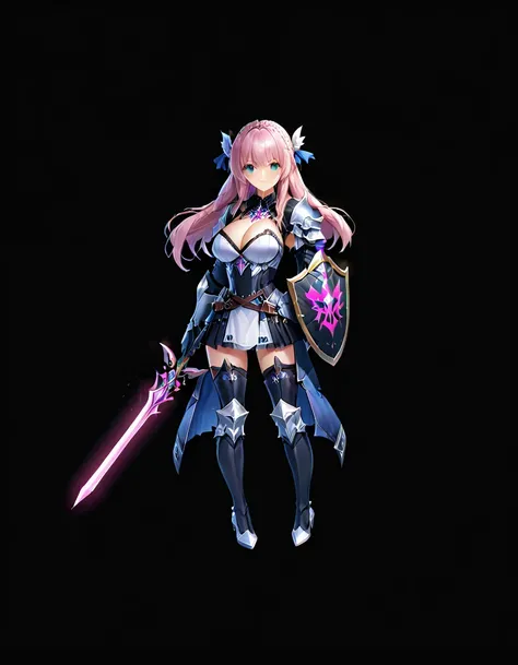 masterpiece, best quality, 1girl, weapon, solo, sword, blue-eyes, long-hair, braid, boots, shield, pink-hair, breasts, twin-braids, smile, open-mouth, cleavage, black-background, choker, large-breasts, full-body, bare-shoulders, looking-at-viewer, simple-b...