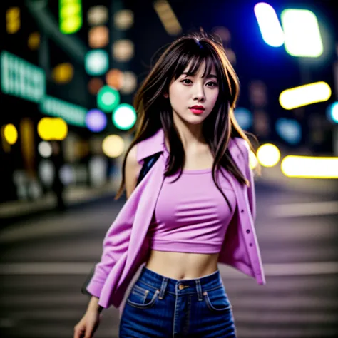 Young Asian woman, 25 years old,Wear a short jean jacket, pink shirt , Long hair blows up in the wind., Looking straight ahead, Action with various seductive poses, Have a strong, perfect stomach., On the city streets at night, 8K photos, Shot with a brigh...