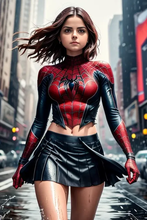 jenna louise coleman、マーベル・コミック映画のPoster, Very beautiful, movies about spiderman, sexy, whole body, Im wearing a skirt、premiere date, Poster、belly buttonを突き出す、new york、she&#39;s wearing a torn spiderman suit,the suit is torn、Wearing a skirt、 Red and black c...