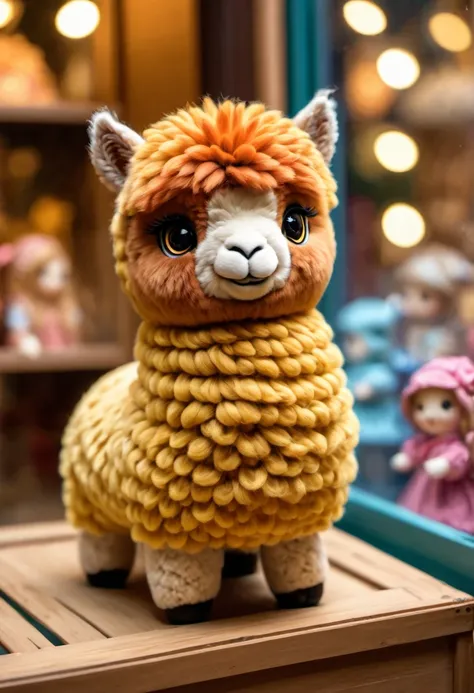 (best quality,4k,8k,highres,masterpiece:1.2),ultra-detailed, An Alpaca doll inside a box, product for sale, magical printed, in the window of a toy store,